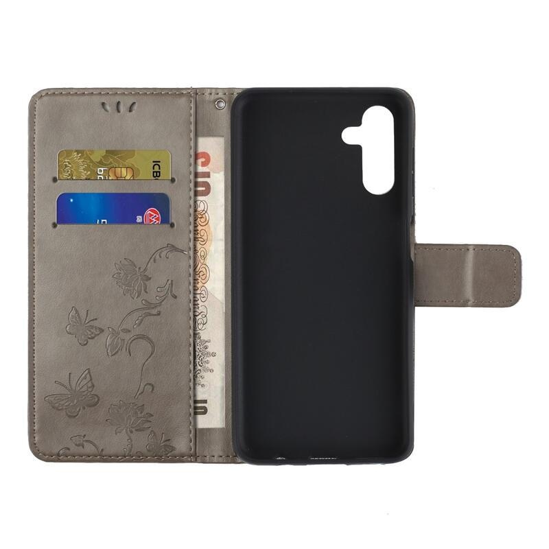 Flower PU kožené peněženkové pouzdro na mobil Samsung Galaxy A13 5G/Galaxy A04s (164.7 x 76.7 x 9.1 mm) - šedé