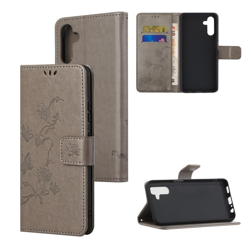 Flower PU kožené peněženkové pouzdro na mobil Samsung Galaxy A13 5G/Galaxy A04s (164.7 x 76.7 x 9.1 mm) - šedé