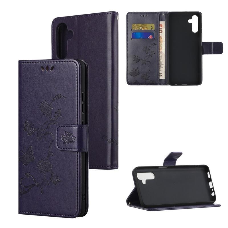 Flower PU kožené peněženkové pouzdro na mobil Samsung Galaxy A13 5G/Galaxy A04s (164.7 x 76.7 x 9.1 mm) - tmavěfialové