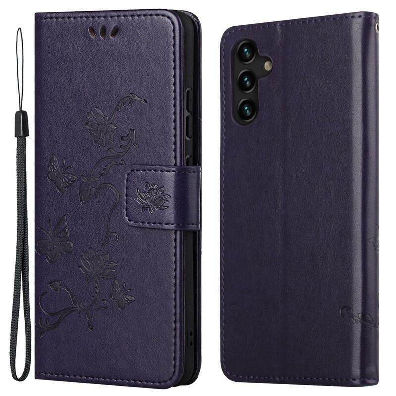 Flower PU kožené peněženkové pouzdro na mobil Samsung Galaxy A13 5G/Galaxy A04s (164.7 x 76.7 x 9.1 mm) - tmavěfialové
