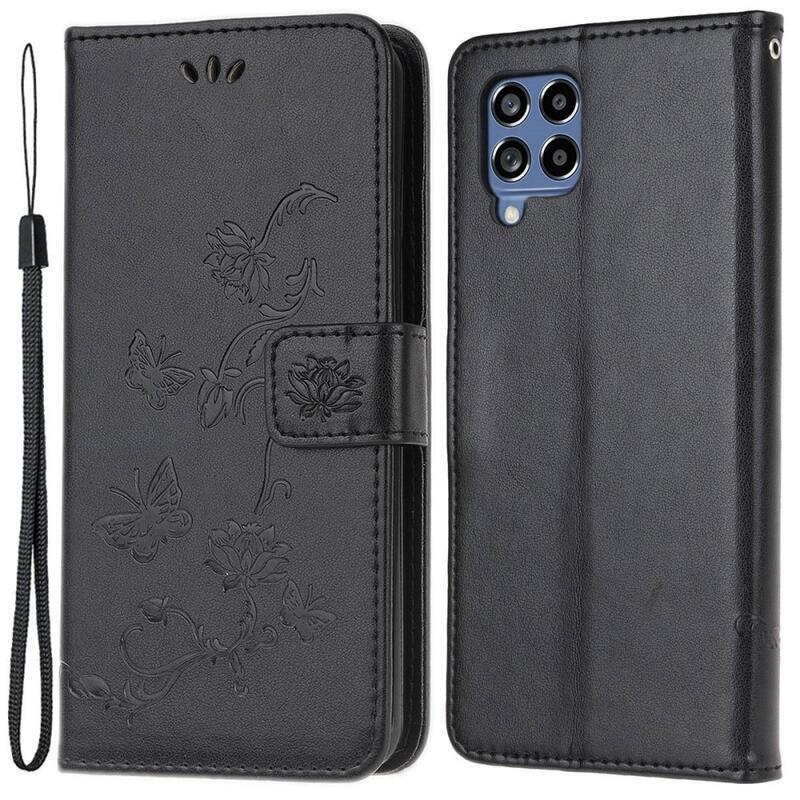 Flower PU kožené peněženkové pouzdro na mobil Samsung Galaxy M53 5G - černé
