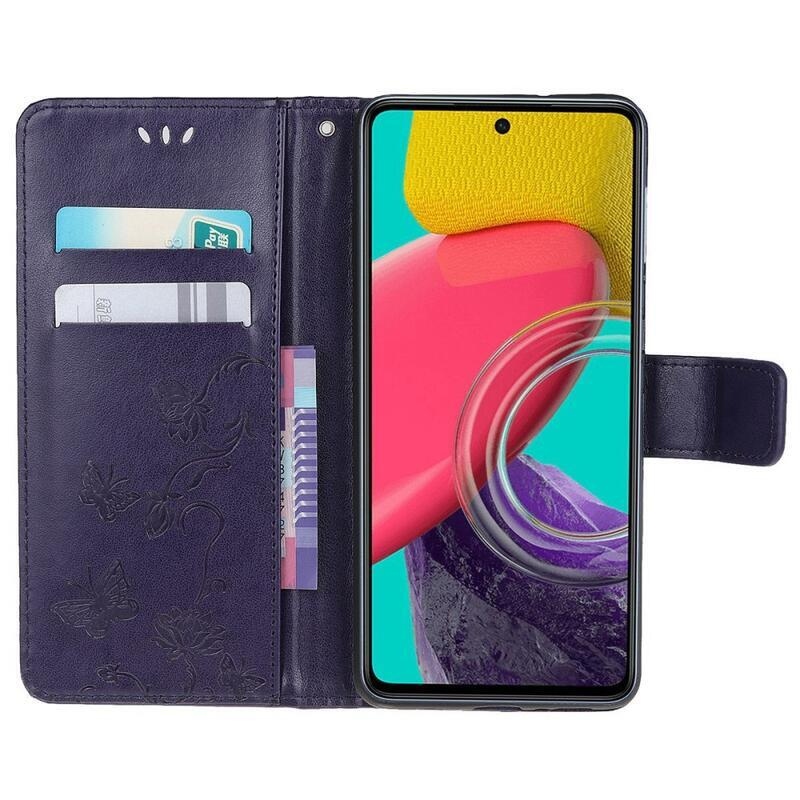 Flower PU kožené peněženkové pouzdro na mobil Samsung Galaxy M53 5G - tmavěfialové