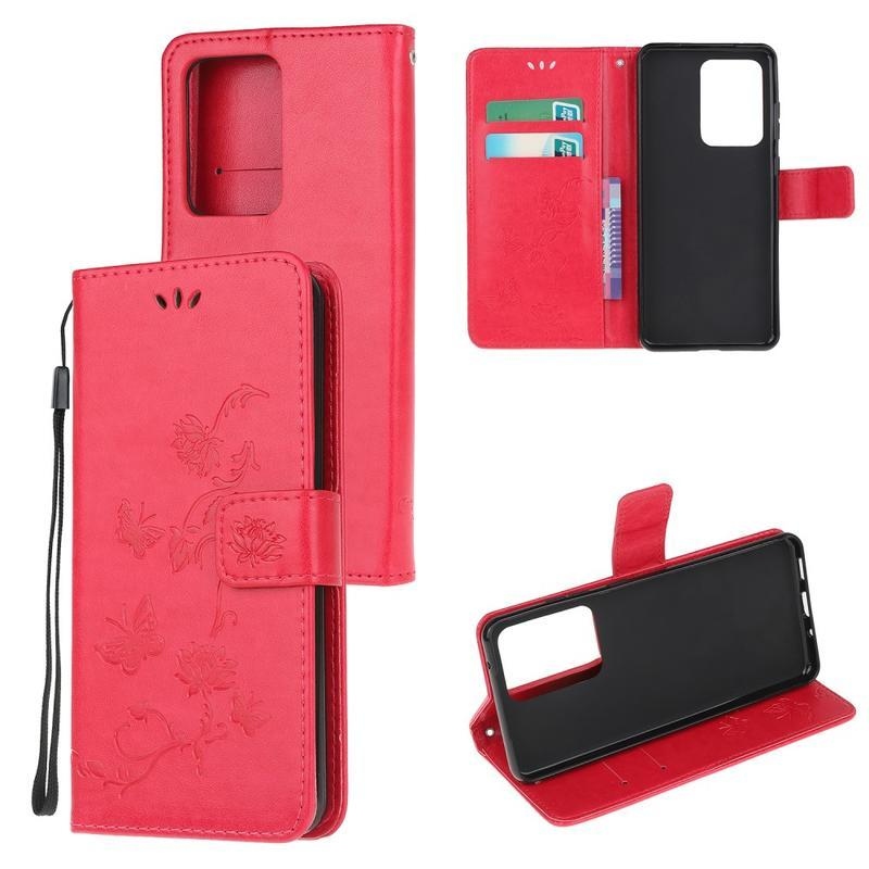 Flower PU kožené peněženkové pouzdro na mobil Samsung Galaxy Note 20 Ultra - červené