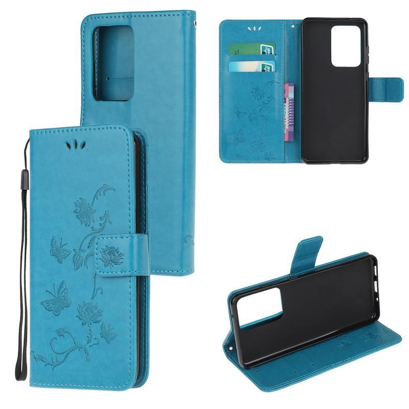 Flower PU kožené peněženkové pouzdro na mobil Samsung Galaxy Note 20 Ultra - modré