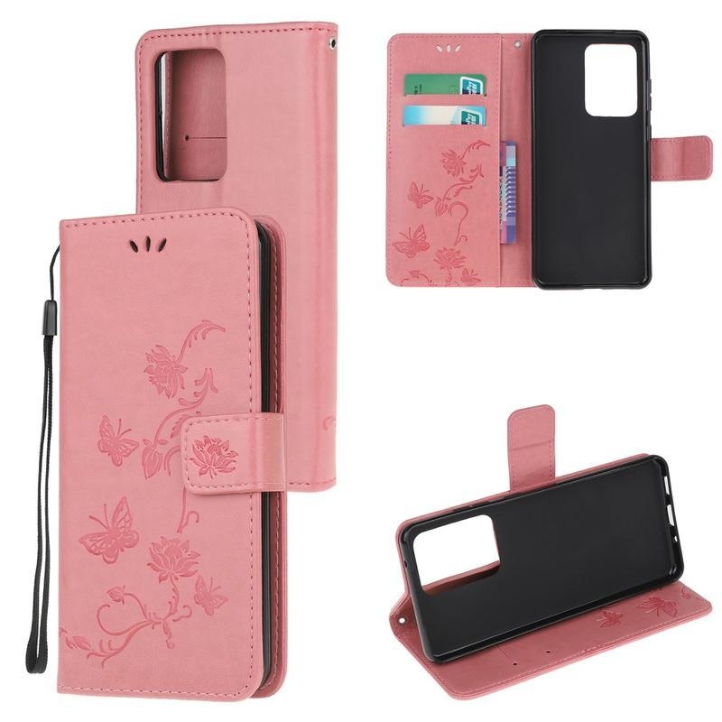 Flower PU kožené peněženkové pouzdro na mobil Samsung Galaxy Note 20 Ultra - růžové
