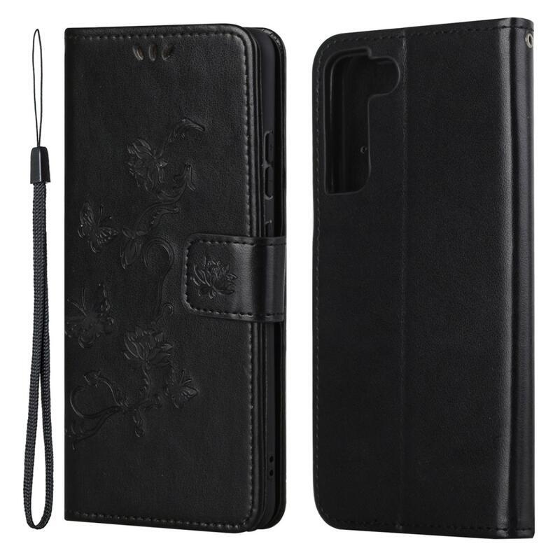 Flower PU kožené peněženkové pouzdro na mobil Samsung Galaxy S22 5G - černé