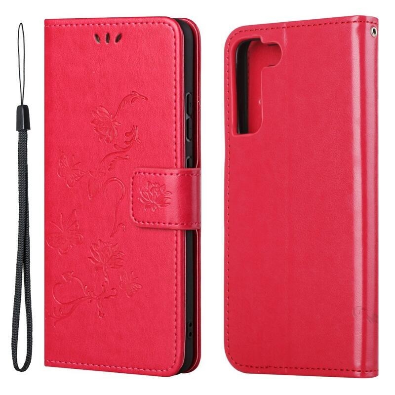 Flower PU kožené peněženkové pouzdro na mobil Samsung Galaxy S22 5G - červené