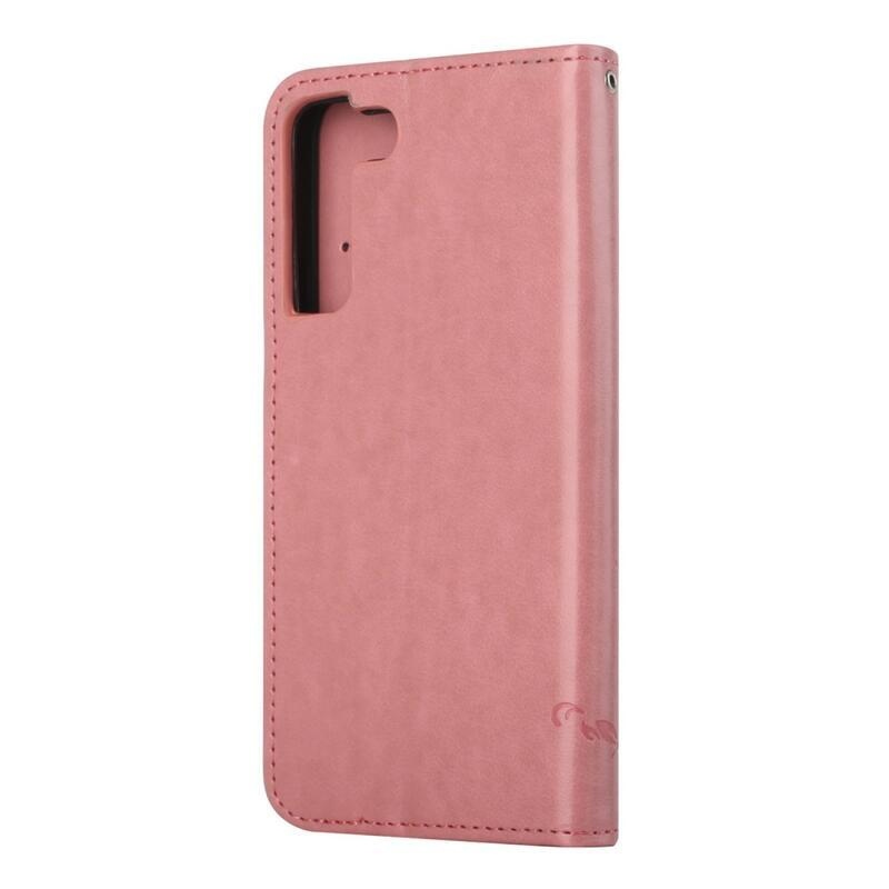 Flower PU kožené peněženkové pouzdro na mobil Samsung Galaxy S22 5G - růžové