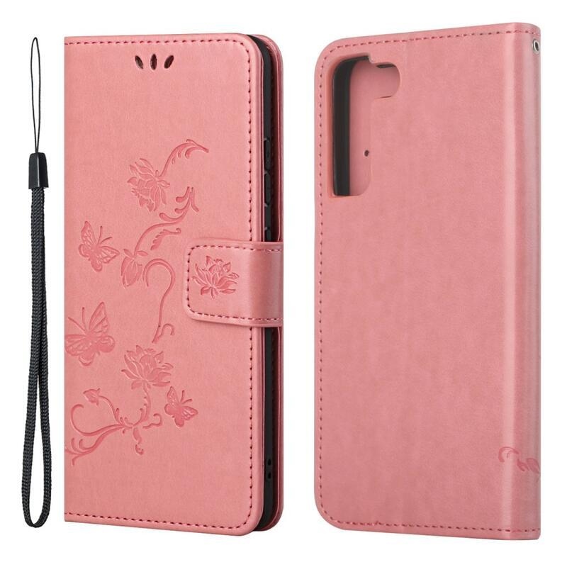 Flower PU kožené peněženkové pouzdro na mobil Samsung Galaxy S22 5G - růžové