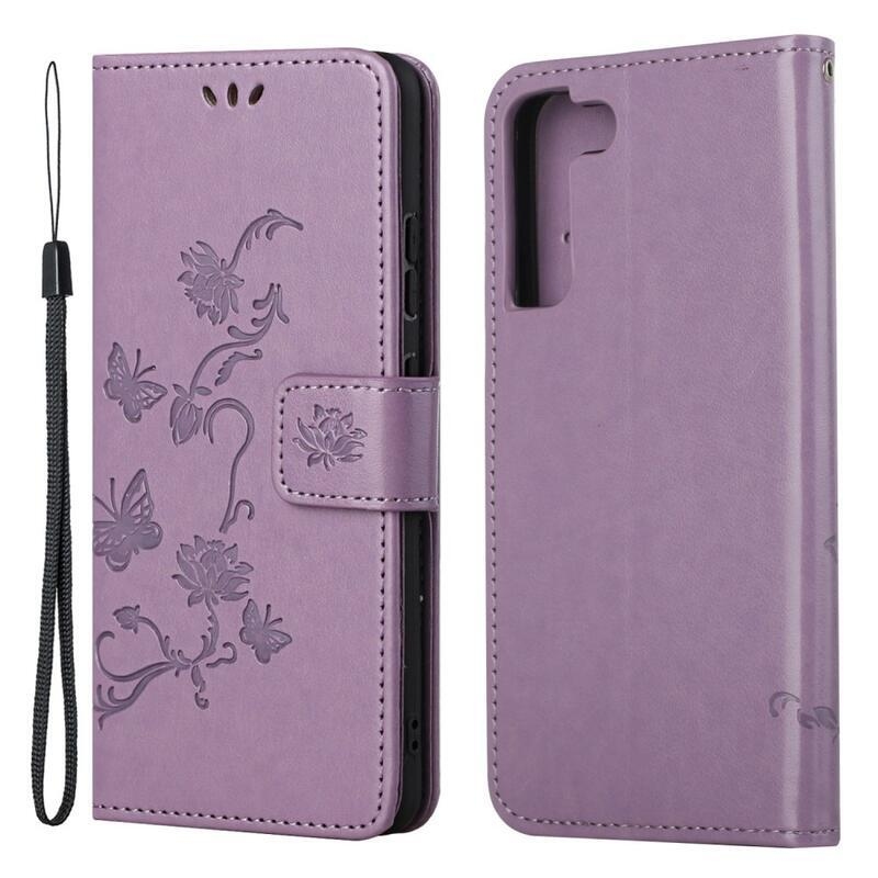 Flower PU kožené peněženkové pouzdro na mobil Samsung Galaxy S22 5G - světlefialová