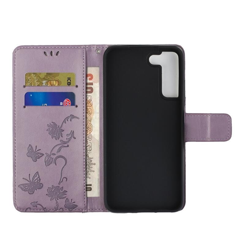 Flower PU kožené peněženkové pouzdro na mobil Samsung Galaxy S22 5G - světlefialová
