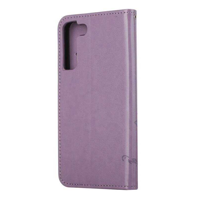 Flower PU kožené peněženkové pouzdro na mobil Samsung Galaxy S22 5G - světlefialová