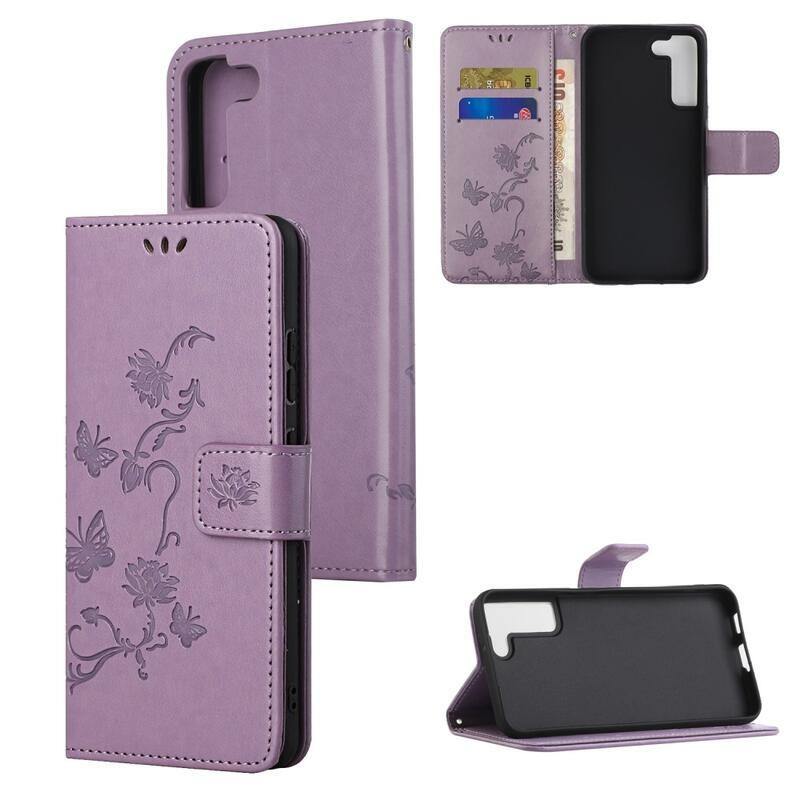 Flower PU kožené peněženkové pouzdro na mobil Samsung Galaxy S22 5G - světlefialová