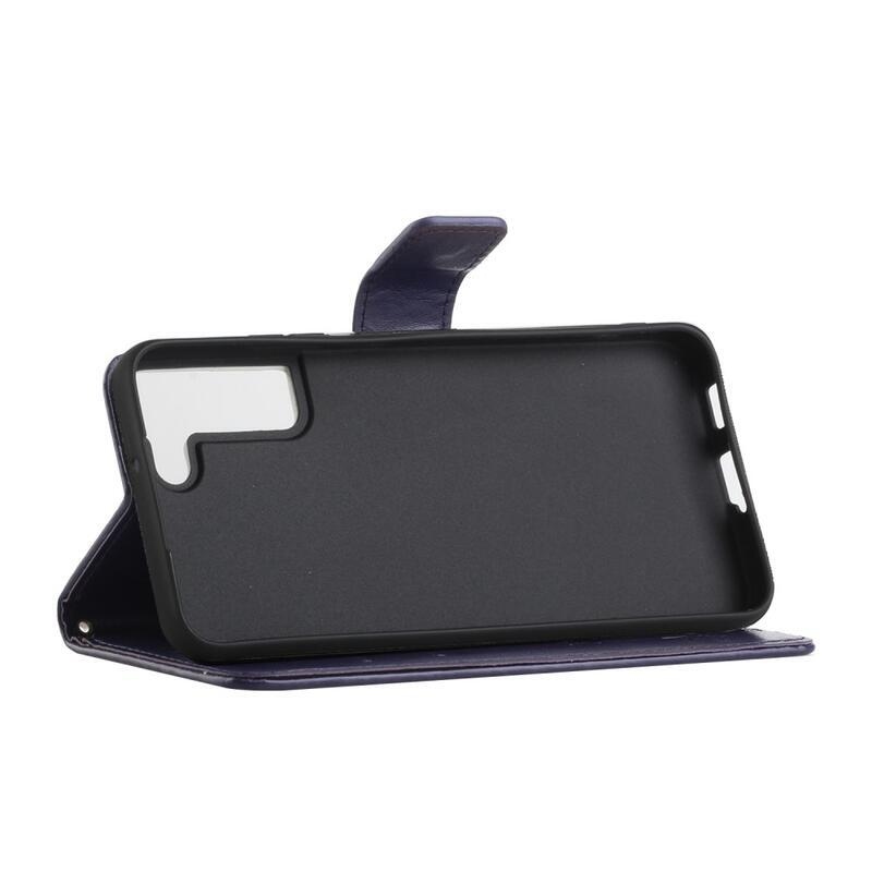 Flower PU kožené peněženkové pouzdro na mobil Samsung Galaxy S22 5G - tmavěfialová