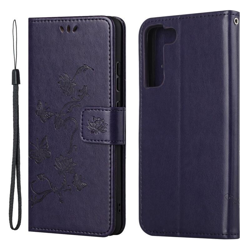 Flower PU kožené peněženkové pouzdro na mobil Samsung Galaxy S22 5G - tmavěfialová