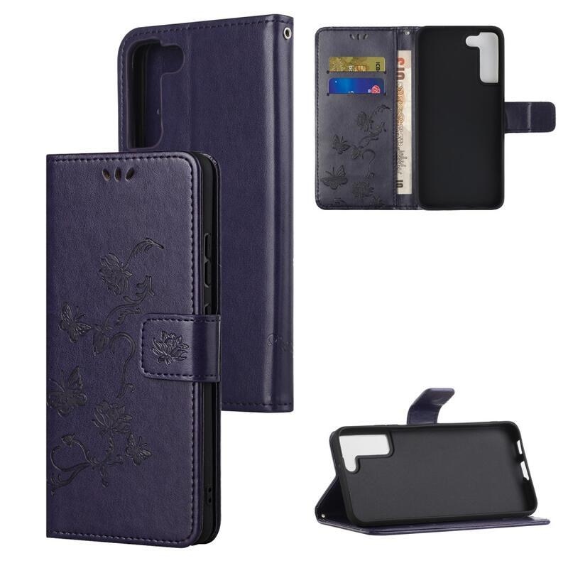 Flower PU kožené peněženkové pouzdro na mobil Samsung Galaxy S22 5G - tmavěfialová