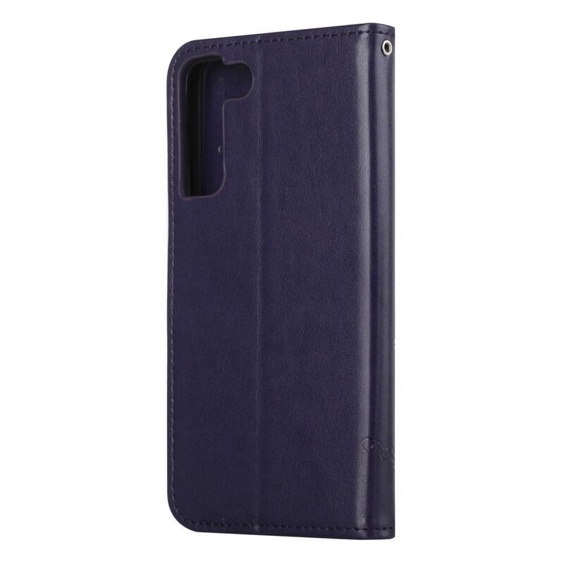 Flower PU kožené peněženkové pouzdro na mobil Samsung Galaxy S22 5G - tmavěfialová