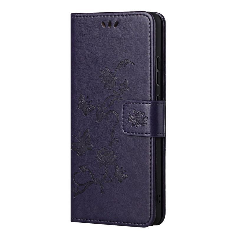 Flower PU kožené peněženkové pouzdro na mobil Samsung Galaxy S22 5G - tmavěfialová