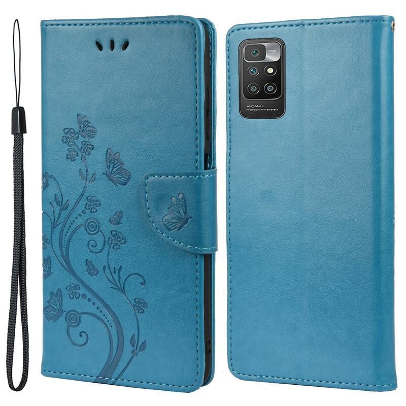 Flower PU kožené peněženkové pouzdro na mobil Xiaomi Redmi 10/Redmi 10 (2022) - modré