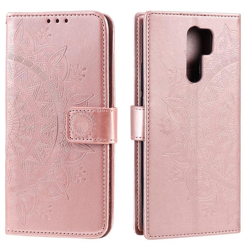 Flower PU kožené peněženkové pouzdro na mobil Xiaomi Redmi 9 - růžovozlaté