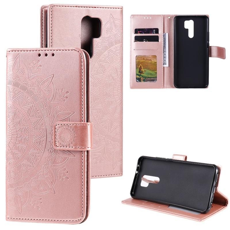 Flower PU kožené peněženkové pouzdro na mobil Xiaomi Redmi 9 - růžovozlaté