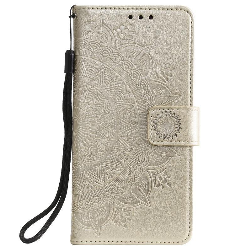 Flower PU kožené peněženkové pouzdro na mobil Xiaomi Redmi 9 - zlaté