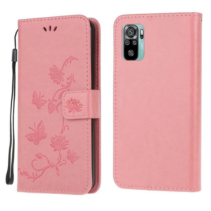 Flower PU kožené peněženkové pouzdro na mobil Xiaomi Redmi Note 10 4G/Redmi Note 10S/Poco M5s - růžové