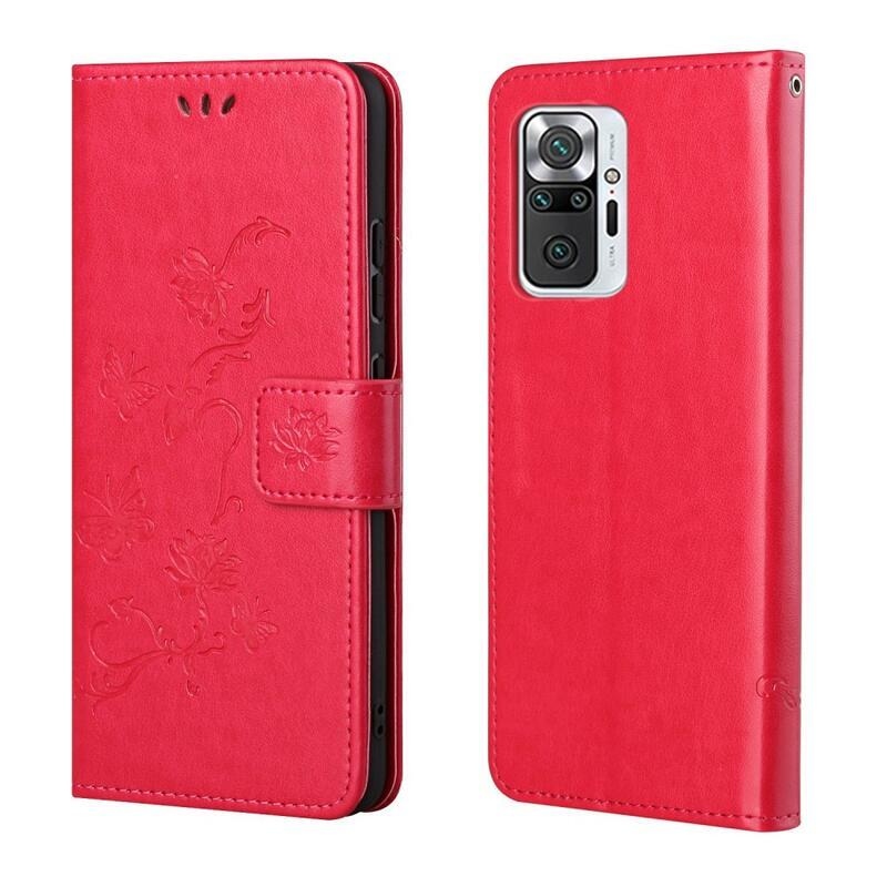 Flower PU kožené peněženkové pouzdro na mobil Xiaomi Redmi Note 10 Pro - červené