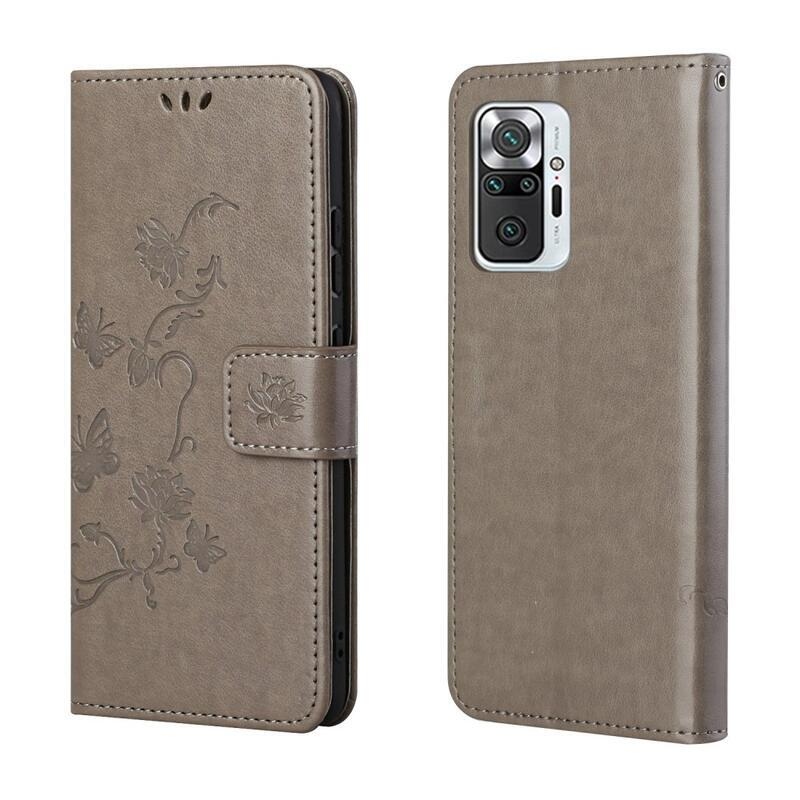 Flower PU kožené peněženkové pouzdro na mobil Xiaomi Redmi Note 10 Pro - šedé
