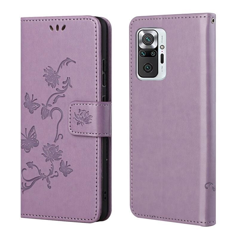 Flower PU kožené peněženkové pouzdro na mobil Xiaomi Redmi Note 10 Pro - světlefialové