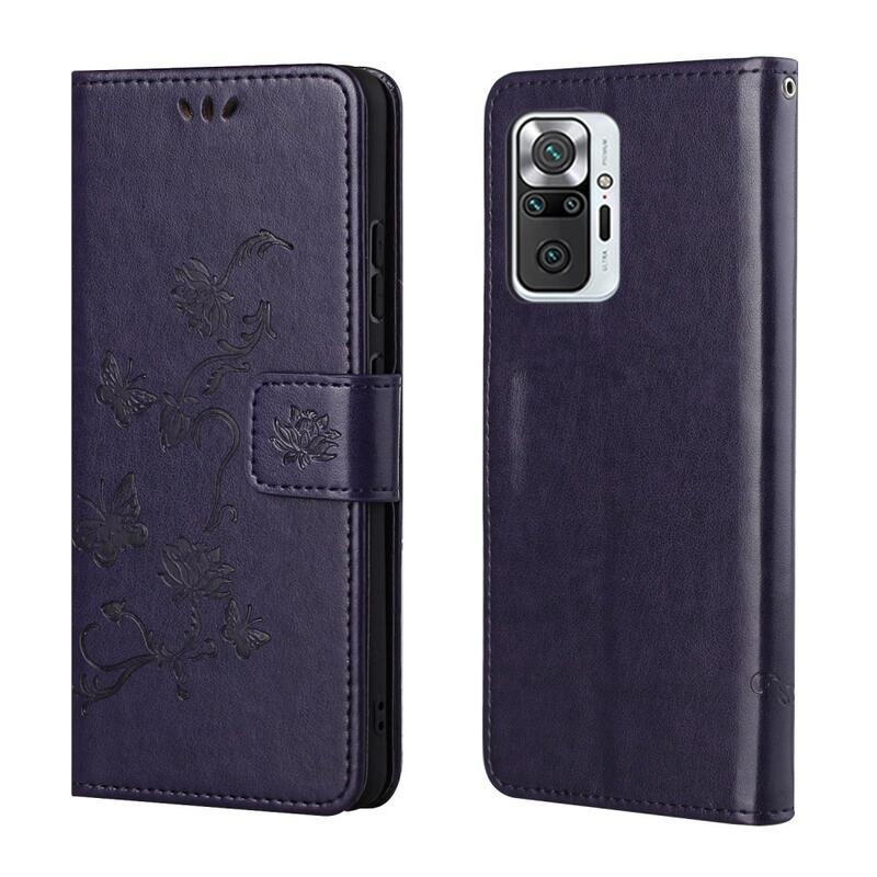 Flower PU kožené peněženkové pouzdro na mobil Xiaomi Redmi Note 10 Pro - tmavěfialové
