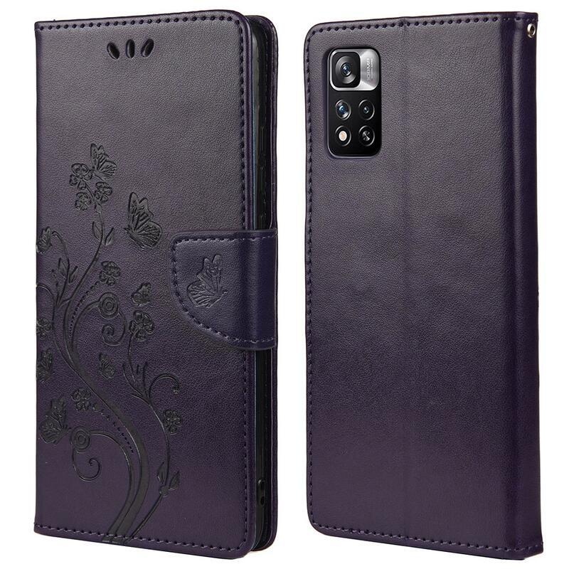 Flower PU kožené peněženkové pouzdro na mobil Xiaomi Redmi Note 11 Pro 4G/5G - tmavěfialové