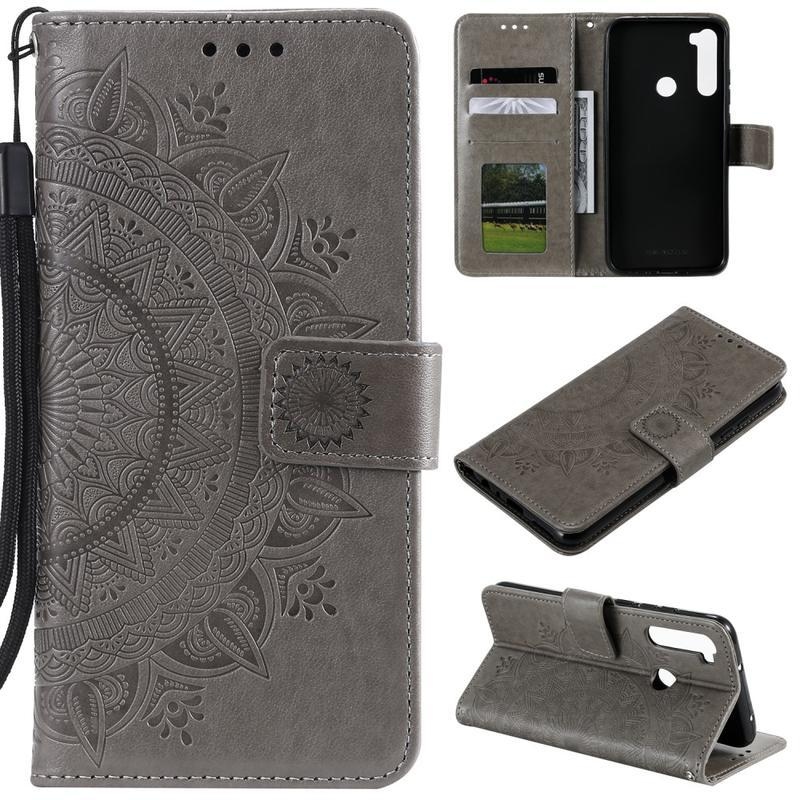 Flower PU kožené peněženkové pouzdro na mobil Xiaomi Redmi Note 8 - šedé