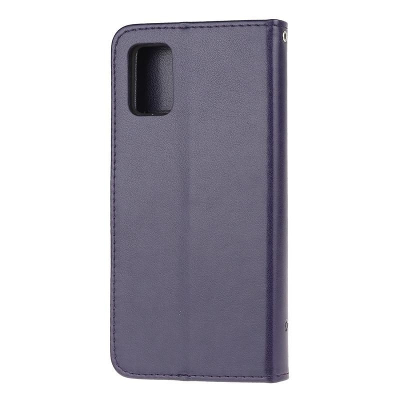 Flower PU kožené peněženkové pouzdro pro mobil Samsung Galaxy A51 - tmavěfialová