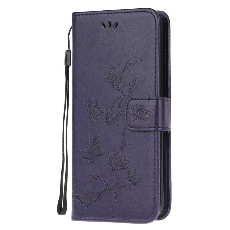 Flower PU kožené peněženkové pouzdro pro mobil Samsung Galaxy A51 - tmavěfialová