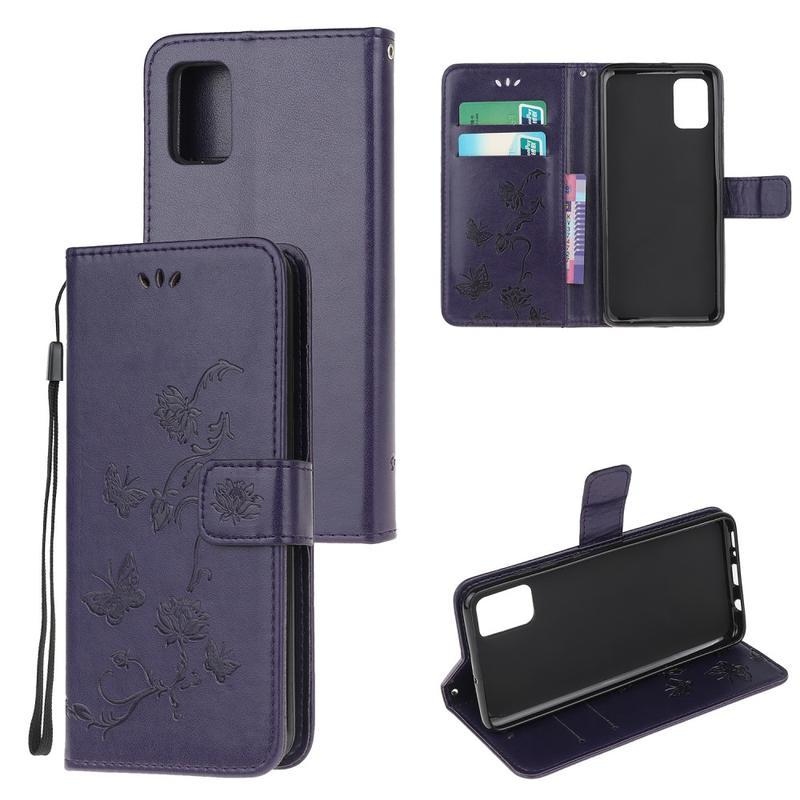 Flower PU kožené peněženkové pouzdro pro mobil Samsung Galaxy A51 - tmavěfialová