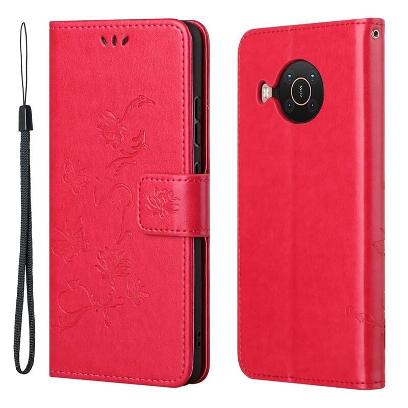 Flowers PU kožené peněženkové pouzdro na mobil Nokia X10/X20 - červené