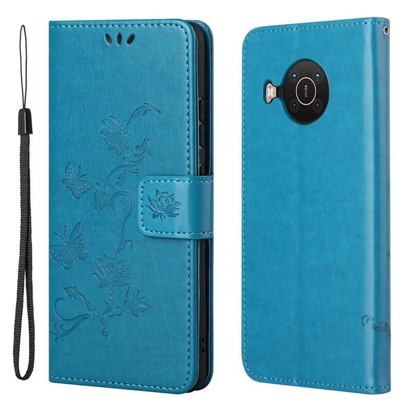 Flowers PU kožené peněženkové pouzdro na mobil Nokia X10/X20 - modré