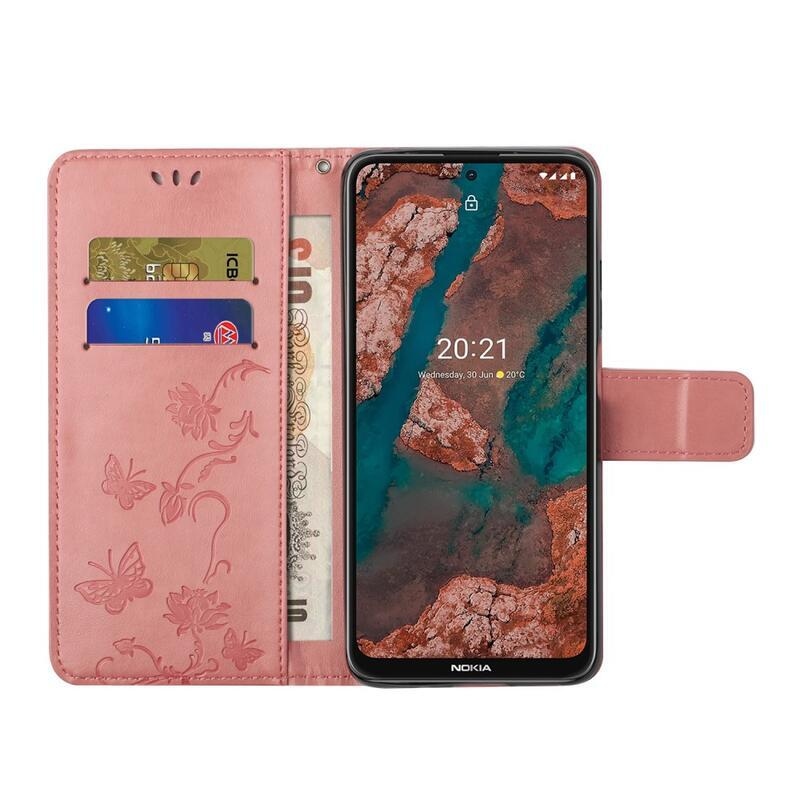Flowers PU kožené peněženkové pouzdro na mobil Nokia X10/X20 - růžové