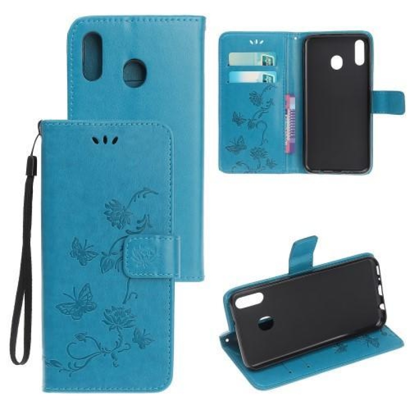 Flowers PU kožené peněženkové pouzdro na mobil Samsung Galaxy A20e - modrý