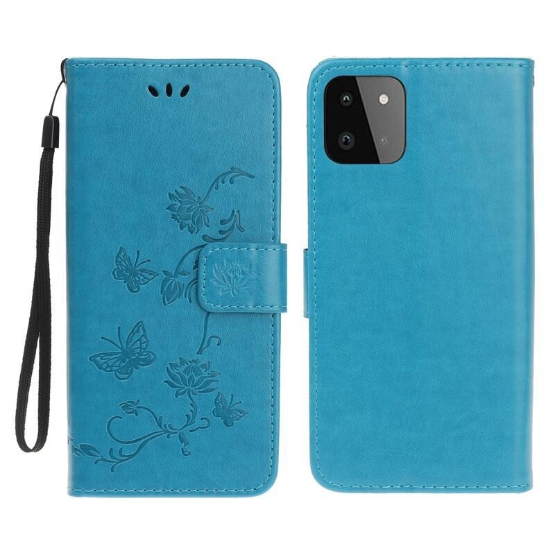 Flowers PU kožené peněženkové pouzdro na mobil Samsung Galaxy A22 5G - modré