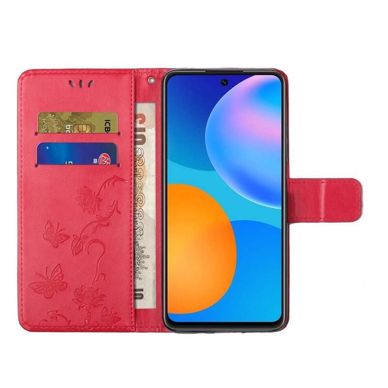Flowers PU kožené peněženkové pouzdro na mobil Samsung Galaxy M52 5G - červené