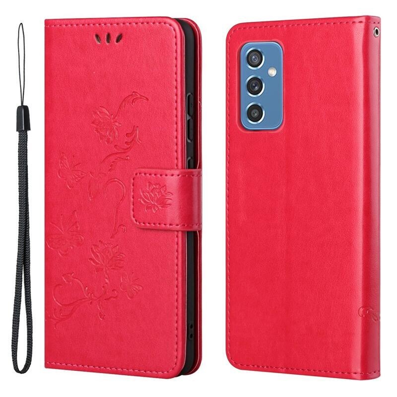 Flowers PU kožené peněženkové pouzdro na mobil Samsung Galaxy M52 5G - červené