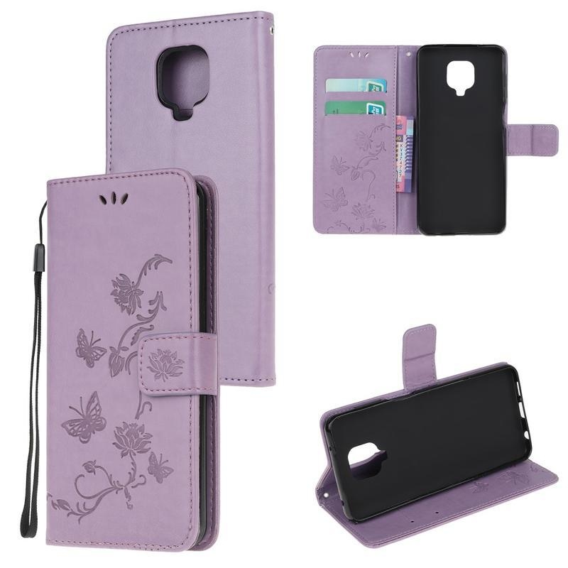 Flowers PU kožené peněženkové pouzdro na mobil Xiaomi Redmi Note 9 Pro/Note 9S - fialové