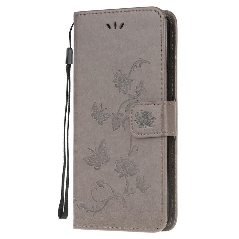Flowers PU kožené peněženkové pouzdro na mobil Xiaomi Redmi Note 9 Pro/Note 9S - šedé