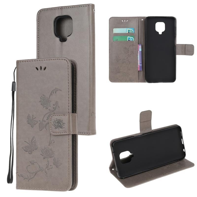 Flowers PU kožené peněženkové pouzdro na mobil Xiaomi Redmi Note 9 Pro/Note 9S - šedé