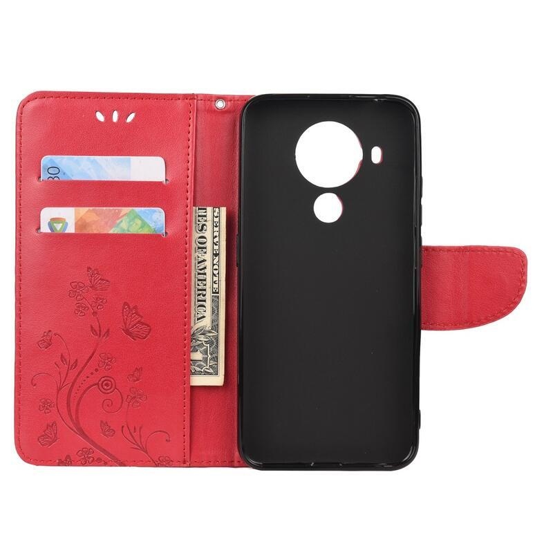 Flowers PU kožené peněženkové pouzdro pro telefon Nokia 5.4 - červené