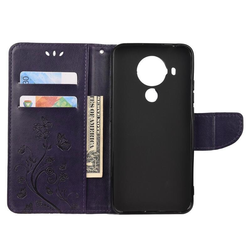 Flowers PU kožené peněženkové pouzdro pro telefon Nokia 5.4 - tmavěfialové
