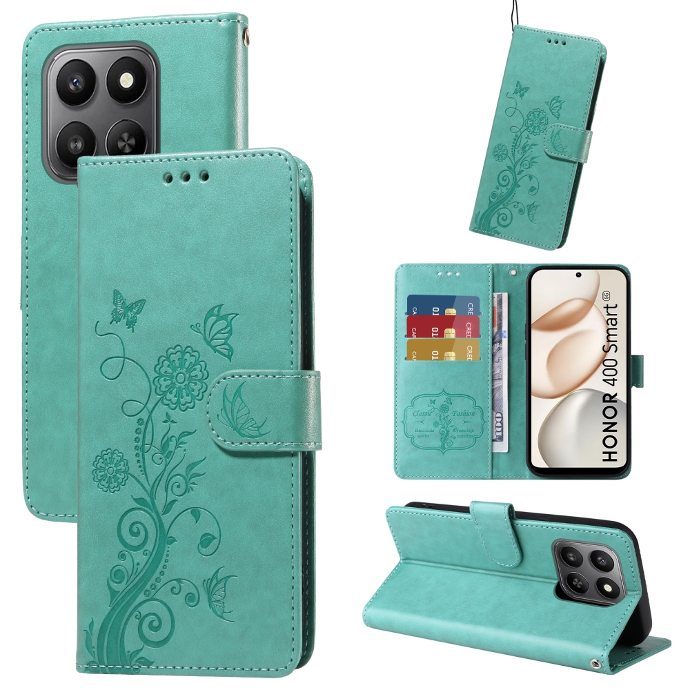 Flowery knížkové pouzdro Honor 400 Smart 5G/4G/Honor X7d - modrozelené