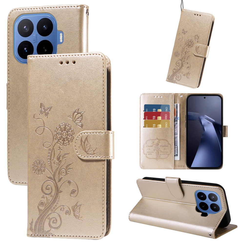 Flowery knížkové pouzdro na mobil Xiaomi 17T Pro - zlaté